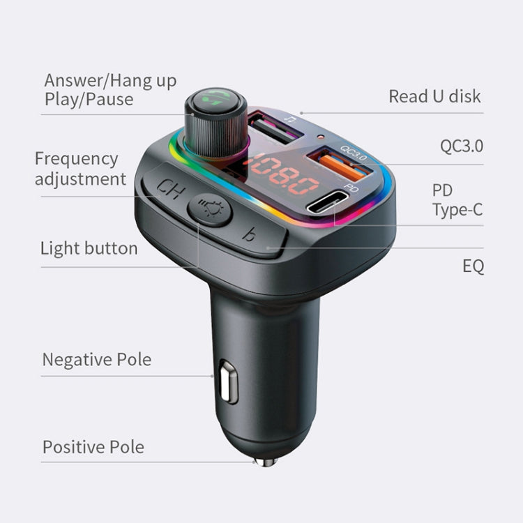 C14 Multifunctional Car Dual QC3.0+PD18W USB Charger Bluetooth FM Transmitter with Atmosphere Light, C14