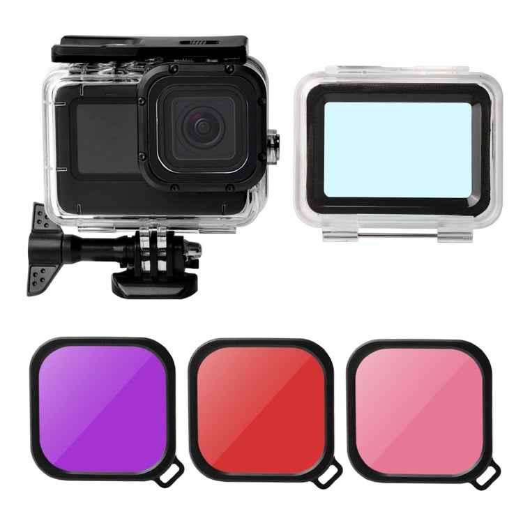 Waterproof Case + Touch Back Cover + Purple Red Pink Lens Filter for GoPro HERO10 Black / HERO9 Black, Case + Touch Cover + 3-color Filter for GoPro9