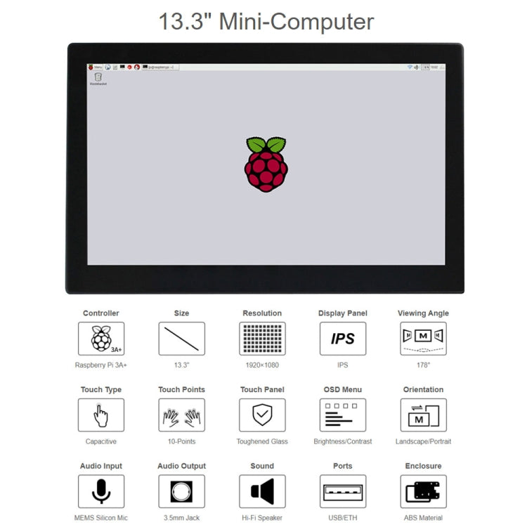 Waveshare 13.3 inch Mini-Computer Powered by Raspberry Pi 3A+, HD Touch Screen