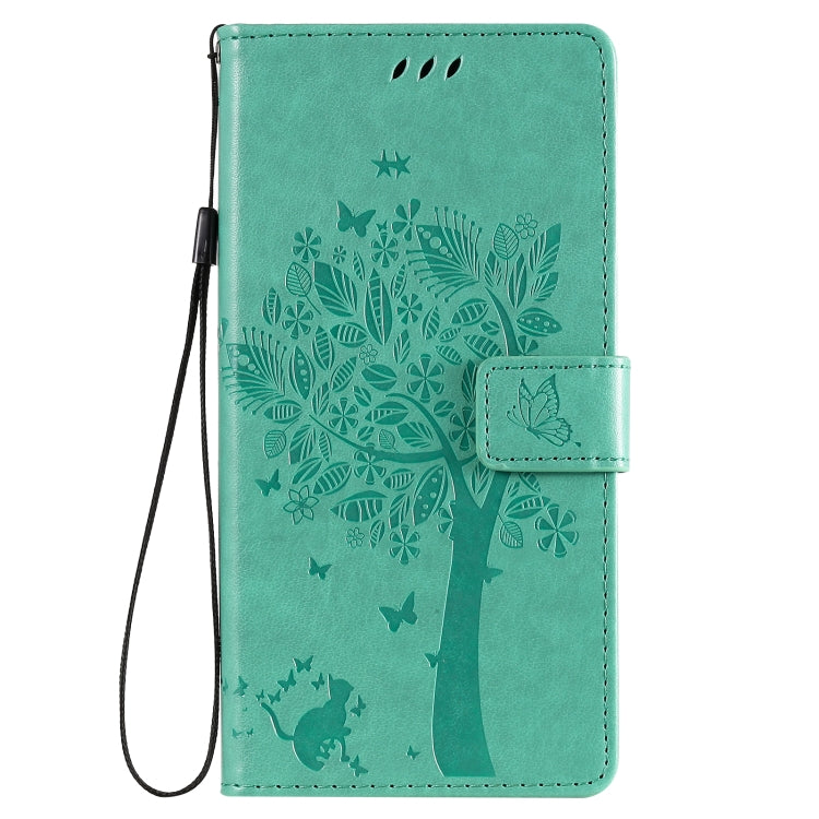 Tree & Cat Pattern Pressed Printing Horizontal Flip PU Leather Case with Holder & Card Slots & Wallet & Lanyard