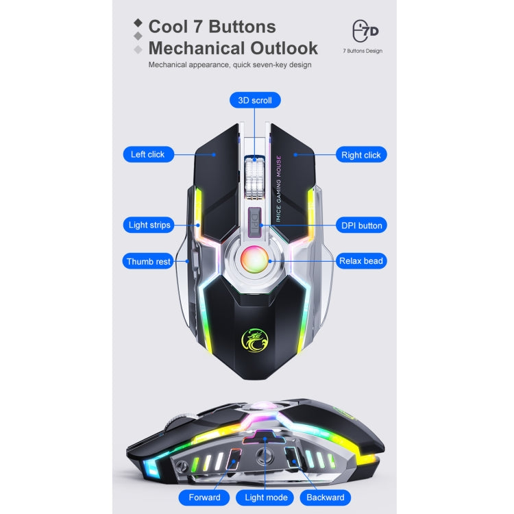 iMICE G7 Colorful Streamer Lights Rechargeable Silent Wireless Mouse, G7(Black), G7(Grey)