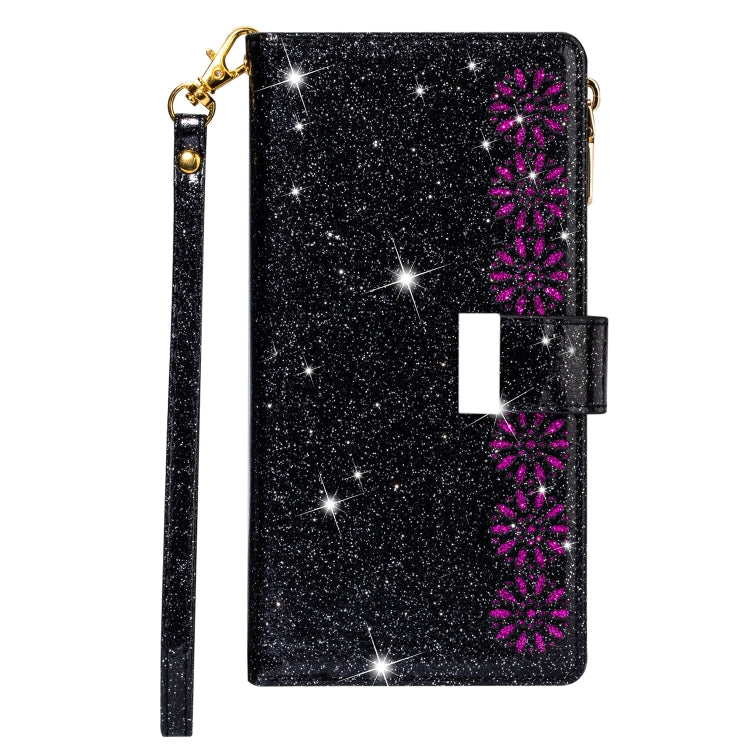 Multi-card Slots Starry Sky Laser Carving Glitter Zipper Horizontal Flip Leather Case with Holder & Wallet & Lanyard