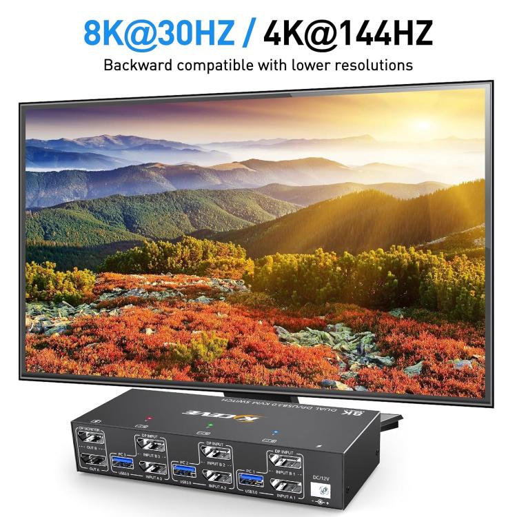 KCEVE KC-KVM302DP USB 3.0 Dual Monitor 8K 30Hz KVM Switch, US Plug, EU Plug, UK Plug, AU Plug