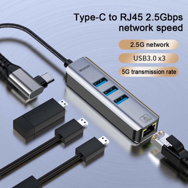 USB -C / Type-C Elbow to RJ45 and 3 x USB-A Aluminum Alloy Shell HUB Adapter Expander