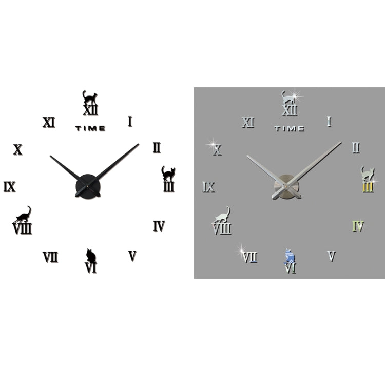 Home Office Decor Frameless Cat Shape Large Size DIY 3D Mirror Surface Wall Stickers Mute Clock, Size: 100*100cm, 3M008 (Black), 3M008 (Silver)
