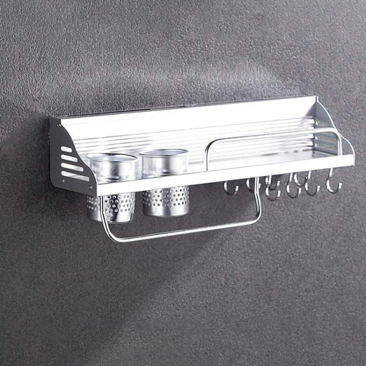 50cm 2 Cups 8 Hooks Multi-function Kitchen Punching-free Wall-mounted Aluminum Edge Condiment Holder Storage Rack, 50cm Punching-free Aluminum Edge