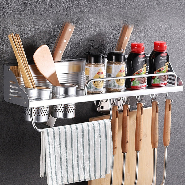 60cm 2 Cups 10 Hooks Multi-function Kitchen Punching-free Wall-mounted Aluminum Edge Condiment Holder Storage Rack, 60cm Punching-free Aluminum Edge