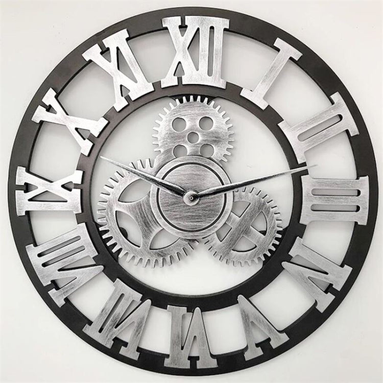 Retro Wooden Round Single-sided Gear Clock Rome Number Wall Clock, Diameter: 30cm, Rome Number 30cm