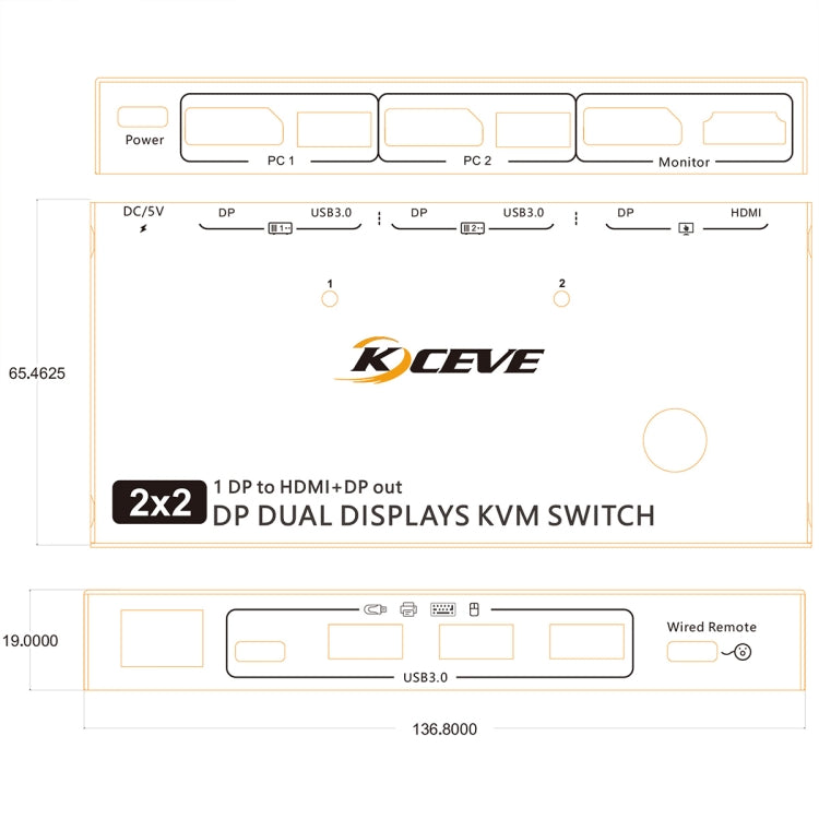 KC-KVM212DH 4K 60HZ USB3.0 DP Dual Display KVM Switcher with MST Dual Screen Extension Replication, KC-KVM212DH