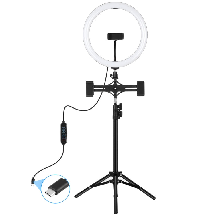 PULUZ 11.8 inch 30cm Light + 1.1m Tripod Mount + Dual Phone Brackets Curved Surface Type-C 3 Modes Dimmable Dual Color Temperature LED Ring Vlogging Video Light Live Broadcast Kits with Phone Clamp, Type-C 11.8 inch + 1.1m + Dual Bracket