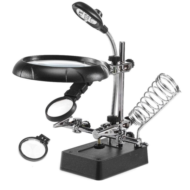 5 LED Auxiliary Clip Magnifier AC/DC Interchangeable with Soldering Stand & Two Magnifier, EU Plug, 2.5X, EU Plug