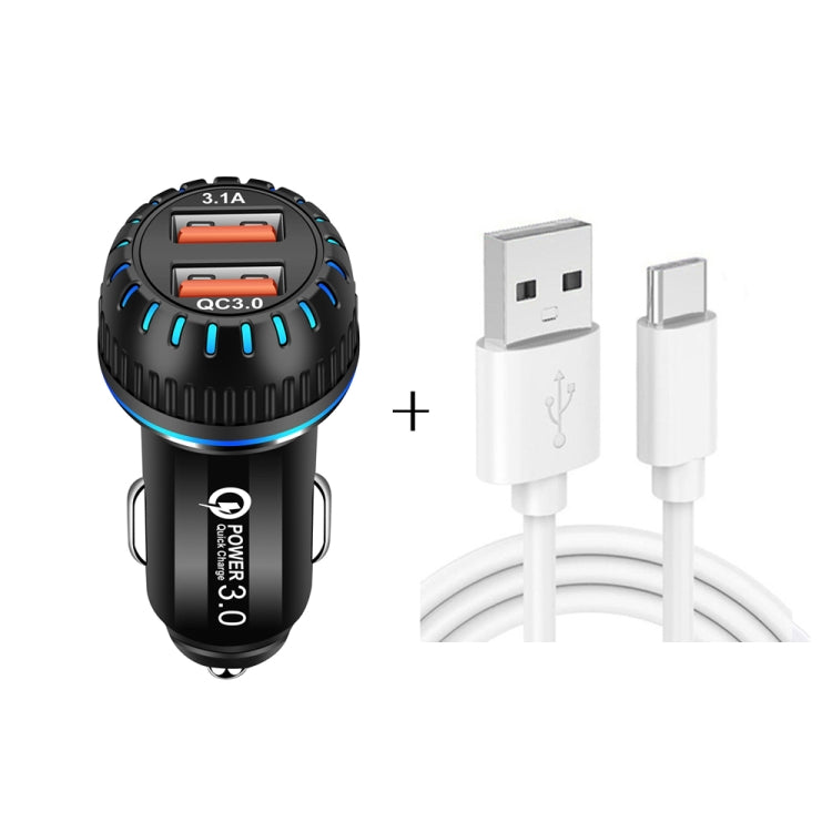 YSY-349 QC3.0 Dual Port USB Car Charger + 3A USB to USB-C / Type-C