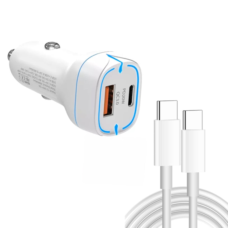 38W PD20W + QC3.0 USB Car Charger with Type-C to Type-C Data Cable