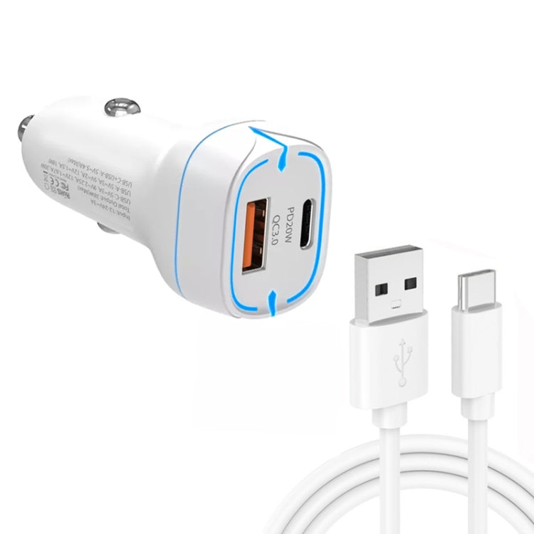 38W PD20W + QC3.0 USB Car Charger with USB to Type-C Data Cable