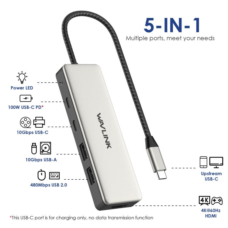 Wavlink UHP3415 85W Power Delivery USB-C/Type-C 10Gbps Hub 5 in 1 Multiport Connection Adapter, UHP3415
