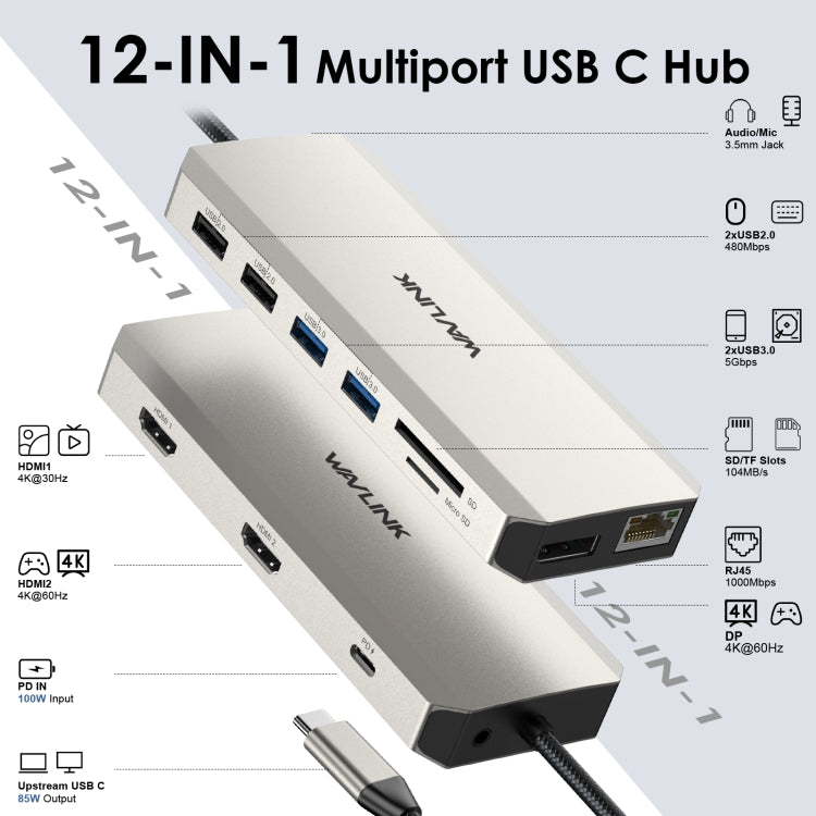 Wavlink UMD302 Type-C to Multiport Dual 4K HDMI HUB Triple Monitor 12-in-1 Laptop Docking Station, UMD302