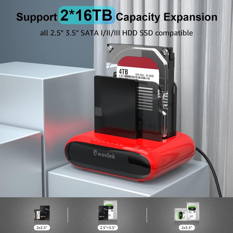 Wavlink ST341U Dual Bay External Hard Drive Docking Station Support Offline Clone Function, ST341U