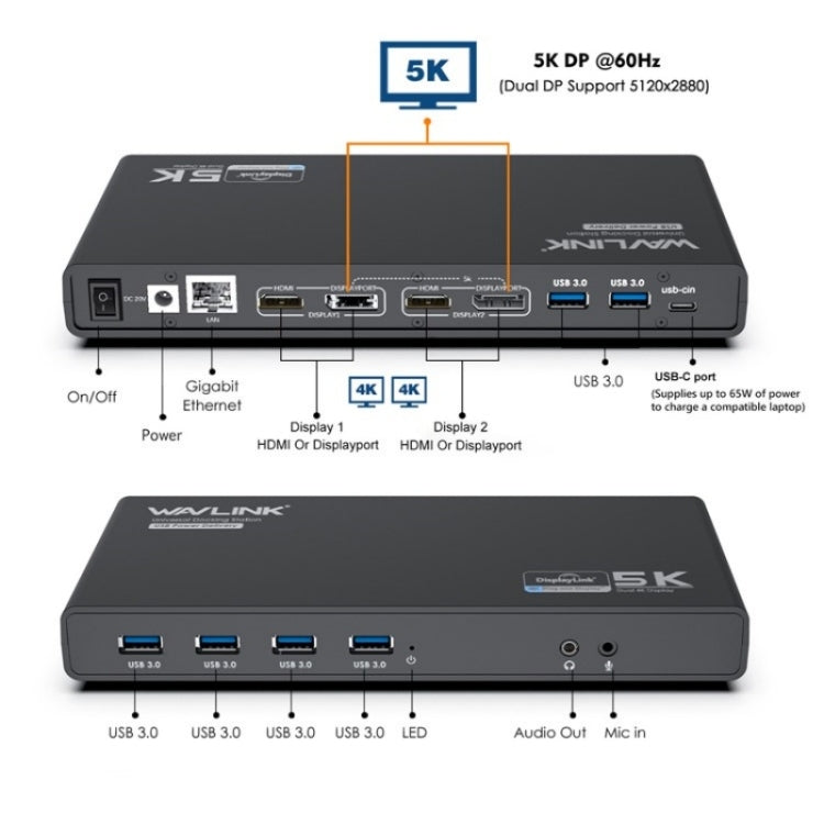 WAVLINK UG69PD6 Dual 4K Laptop Docking Station 5K HD Displaylink 65 / 100W PD Charging, US Plug, UK Plug, EU Plug, AU Plug