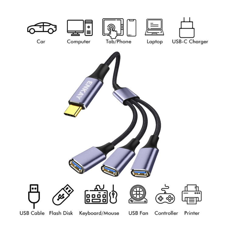 ENKAY ENK-CB171 Type-C to 3 USB 2.0 OTG Splitter Cable Extension Cord, 0.5m, 1.2m
