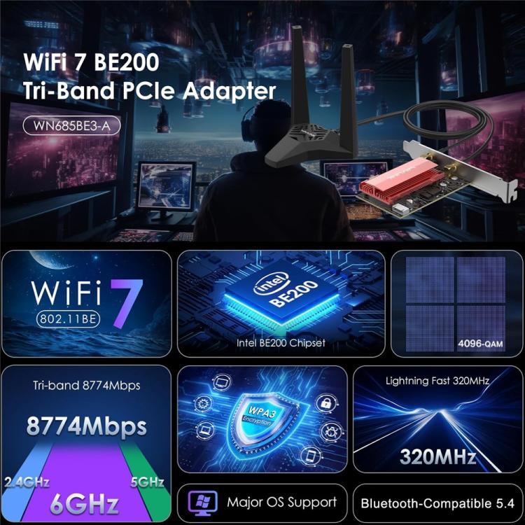 WAVLINK WN685BE3-A Tri-Band BE200 Wireless Adapter Desktop PC WiFi 7 BE8800 Pcie Card, WN685BE3-A