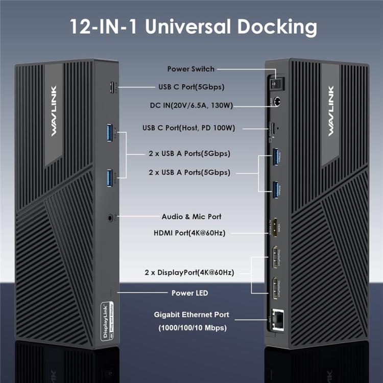 WAVLINK UG69PD24 12-in-1 PD 100W Charging Displaylink Docking Station For Thunderbolt 4 / 3, UG69PD24