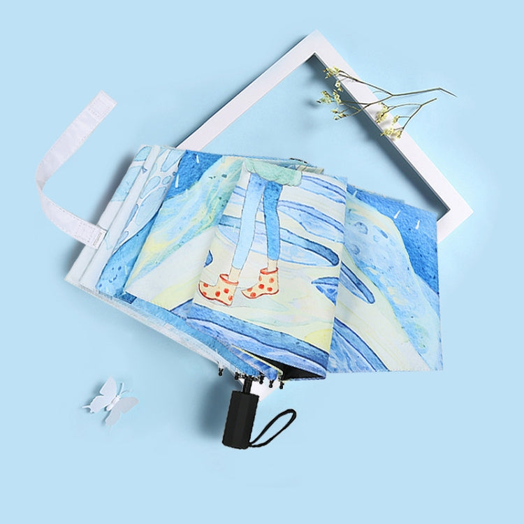 Art Small Fresh Umbrella Folding Sun and Rain Dual-use Umbrella Sun Protection and UV Protection Vinyl Sun Umbrella, Underwater World, Early Morning Street Corner, Beach Walk