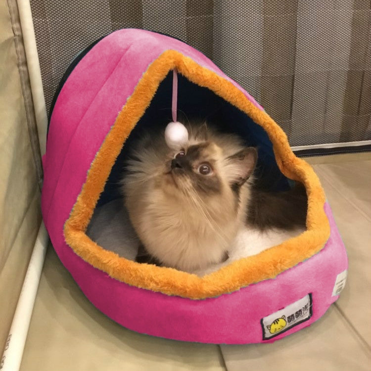 Pet Dog Cat  Warm Soft Bed Pet Cushion Dog Kennel Cat Castle Foldable Puppy House with Toy Ball, Size:M(Pink)