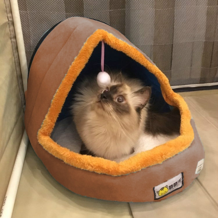 Pet Dog Cat  Warm Soft Bed Pet Cushion Dog Kennel Cat Castle Foldable Puppy House with Toy Ball, Size:L(Camel Color)