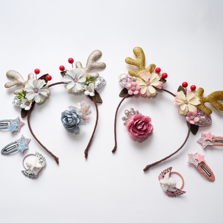 Christmas Hair Accessories Antlers Headband And Little Angel Hairpin Hair Band Combination Set, Pink, Grey