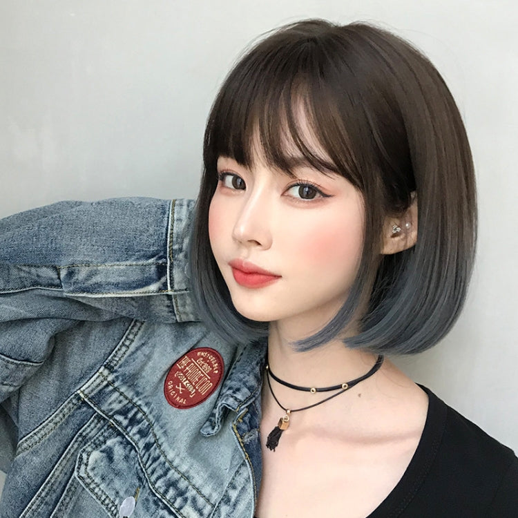 Wig Female Short Hair Bobo Student Head Round Face Full Top Headgear Natural Gradient Color Internal Buckle Straight Hair