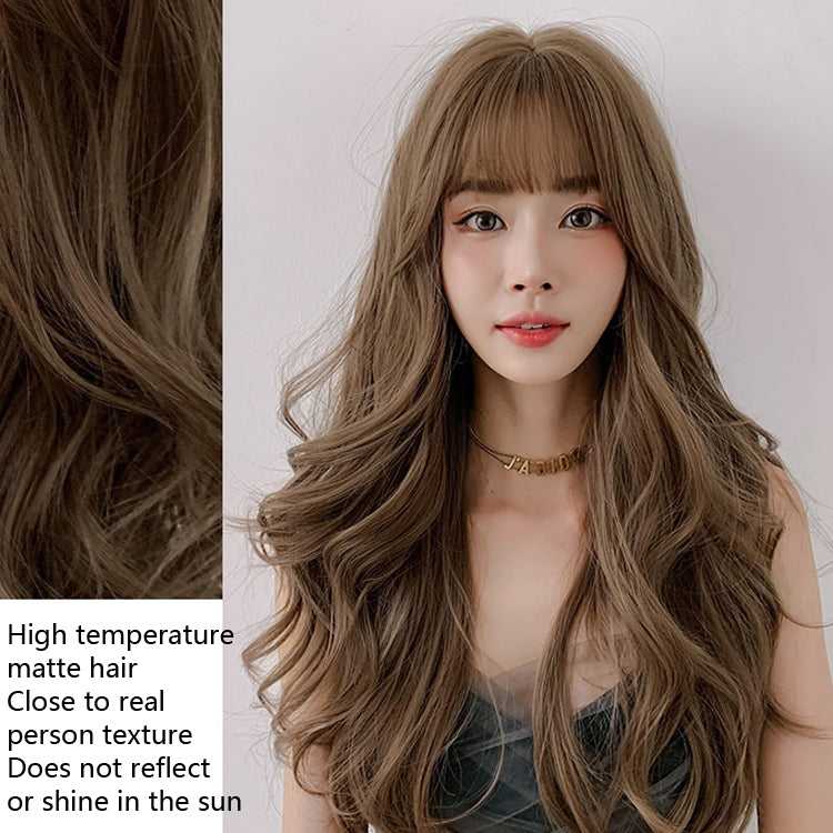 Wig Female Long Hair Big Wave Fluffy Full Headgear Long Curly Hair, Honey Tea Linen 65cm, Black Brown 65cm, Cool Brown 65cm
