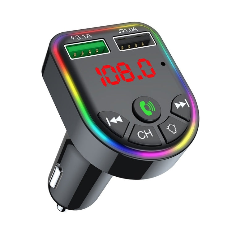 F5 Car FM Transmitter Bluetooth Hands-Free MP3 Music Player Colorful Atmosphere Light, F5