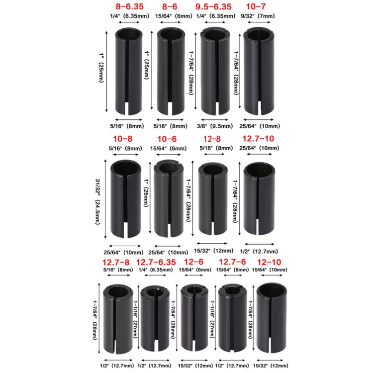 Milling Cutter Conversion Chuck Engraving Machine Trimmer Electric Wood Milling Connector, 13 PCS/Set