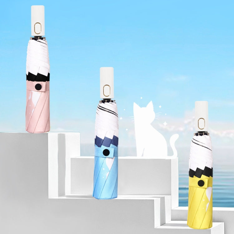 Small Fresh Three-Fold Automatic Black Rubber Sunscreen Umbrella Cartoon Cat Sunny Rain Umbrella, Sky Blue, Pink, Yellow