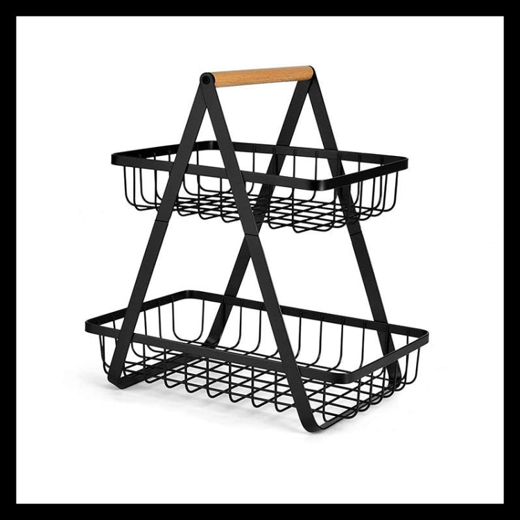 Double-Layer Portable Wrought Iron Basket Foldable Kitchen Storage Basket Shelf Fruit Basket, Double-Layer (White), Double-Layer (Black)
