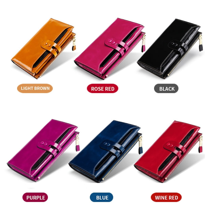 Leather Lady Wallet Multi-Card Slot Retro Oil Wax Leather Wallet Long Type RFID Anti-Theft Brush Clutch, Brown, Royal Blue, Rose Red, Purple, Black, Wine Red