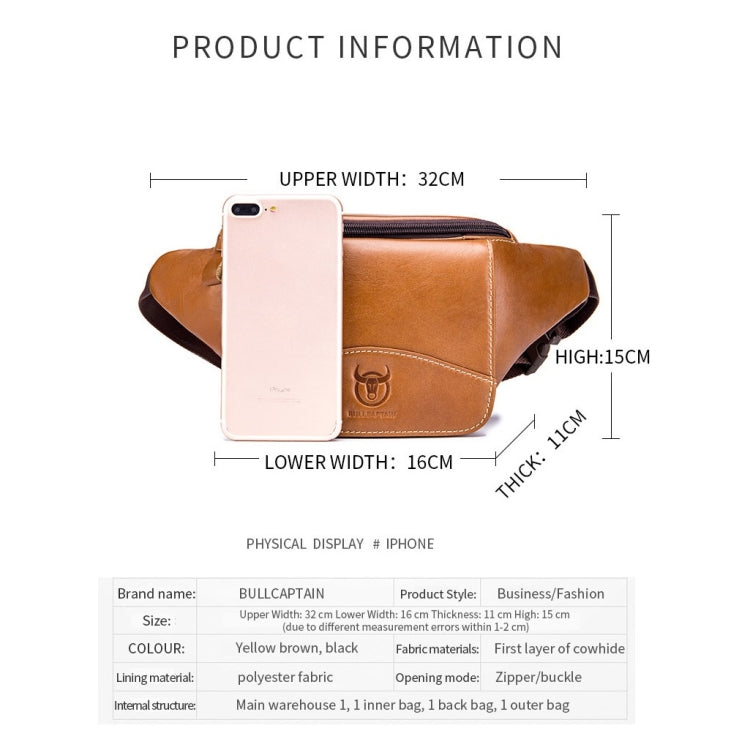 BULL CAPTAIN Cowhide Waist Bag Large Capacity Multifunctional Wallet For Men, Black, Yellow Brown