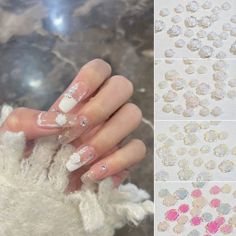 SP0473 30Pcs/Pack 3D Camellia Nail Art Decorative Rhinestones, Silver White, Colorful White, Transparent, Light Change