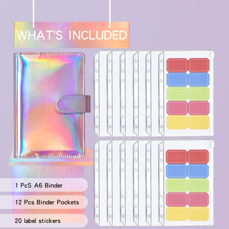 A6 Dazzling Color Loose-leaf Handbook Laser Macaroon PU Cash Budget Book, Laser Silver, Laser Pink, Black, Bright Yellow, Rose Red, Purple, Blue, Rose Gold