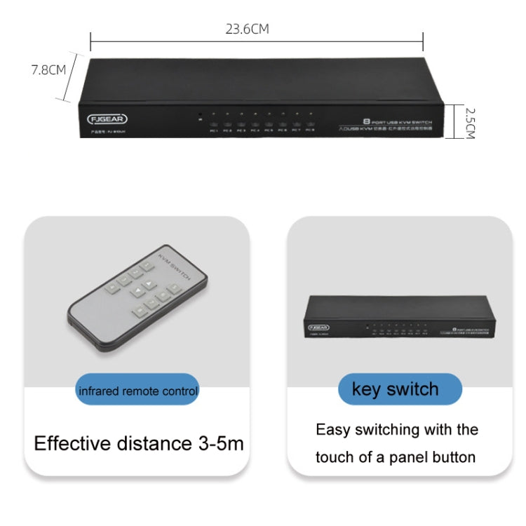 FJGEAR FJ-810UK 8 In 1 Out Computer Host VGA To KVM Switcher With Desktop Switch, EU Plug, FJ-810UK