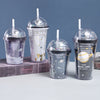 Double Star Plastic Cup Cartoon Water Cup With Straw, 350ml Black, 450ml White
