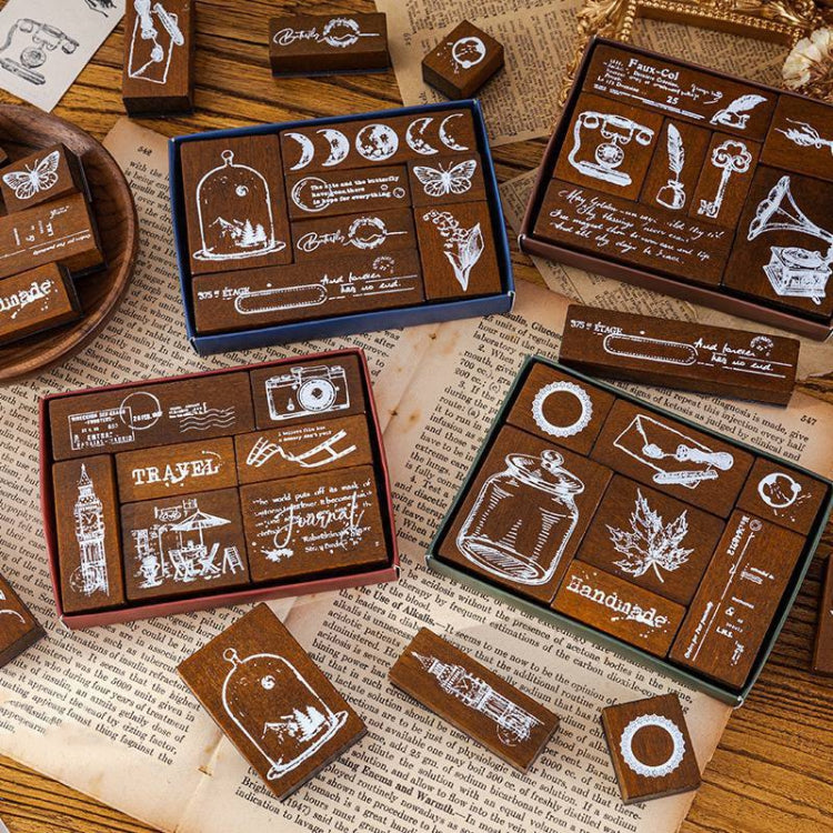 MOCARD 7 In 1 Wooden Stamp Set Handbook DIY Material, 7 In 1 Senyu Traveler
