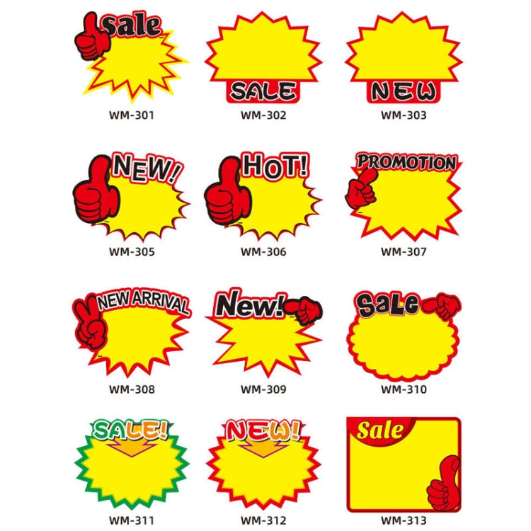 10 bags 9x7cm Explosion Sticker Product Price Tag Supermarket Price Label, WM-301, WM-302, WM-303, WM-305, WM-306, WM-307, WM-308, WM-309, WM-310, WM-311, WM-312, WM-313, WM-314