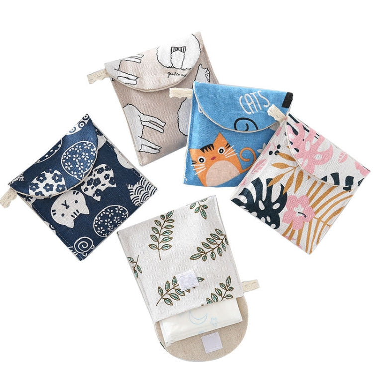 8pcs Cotton and Linen Sanitary Napkin Storage Bag Handy Clutch Bag, Waves, Black -bottomed White Tree, Gray Camel, Lucky Cat, Leaves, Blue Cat, Turtle, Elephant, Block