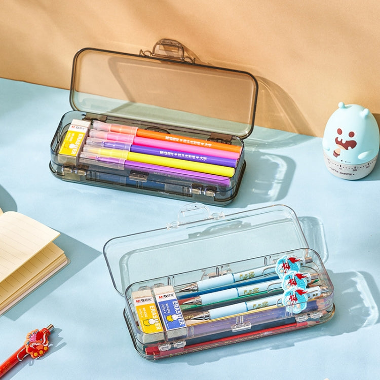RJ 26 Large Capacity Simple Pen Bag Hand Lifting Transparent Double Layer Student Stationery Storage Box, RJ 26 Transparent, RJ 26 Khaki