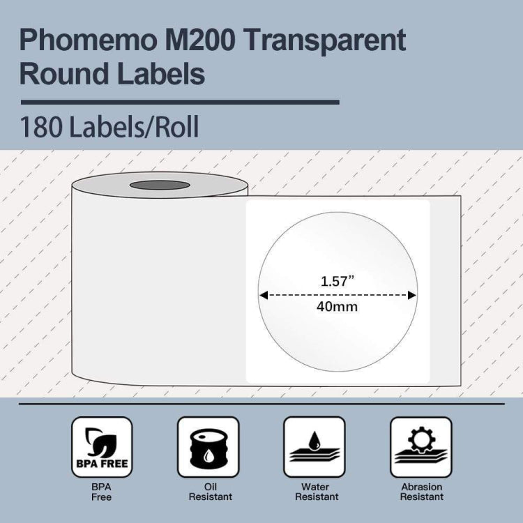 For Phomemo M110 / M200 180pcs /Roll 40x40mm Circular Transparent Self-Adhesive Tag, 180pcs /Roll 40x40mm Circular Transparent