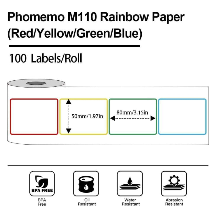 For Phomemo M110 / M200 100pcs /Roll 50x80mm Rainbow Frame White Self-Sticking Tag, 100pcs /Roll 50x80mm Rainbow Frame