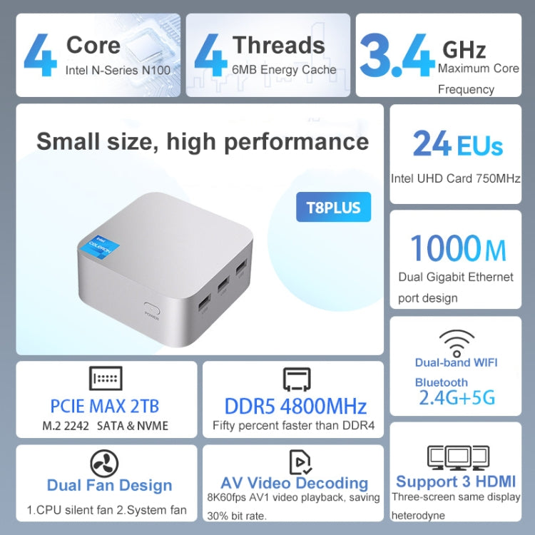 T8Plus Alder Lake-N100 4K Dual Band WIFI Bluetooth Office Game Portable Mini PC, 8G 128G US Plug, 8G 128G EU Plug, 8G 128G UK Plug, 8G 256G EU Plug, 8G 256G US Plug, 8G 256G UK Plug, 8G 512G EU Plug, 8G 512G US Plug, 8G 512G UK Plug, 8G 1TB EU Plug����...