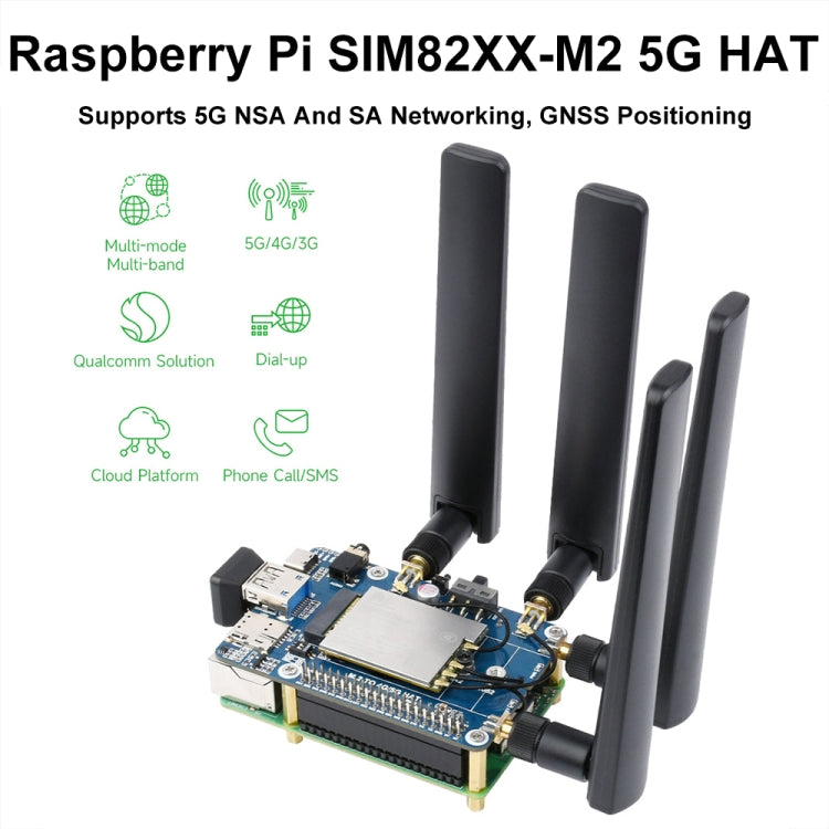 Waveshare SIM8262E-M2 5G HAT For Raspberry Pi, Quad Antennas 5G NSA, 5G/4G/3G Compatible