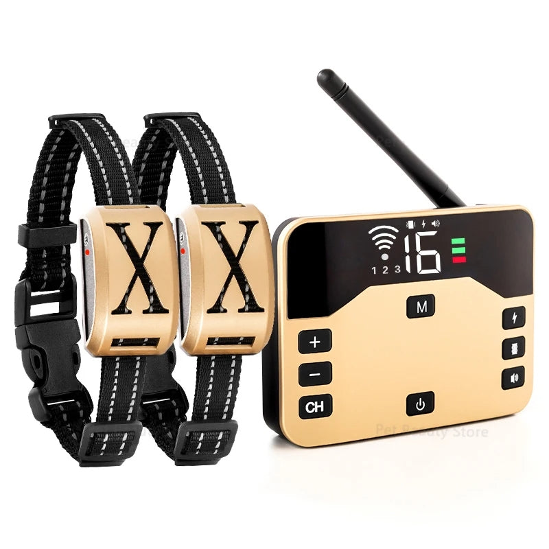 1 Drag 2 Pet Electronic Fence Wireless Stop Barker Outdoor Dog Collar Remote Control Dog Trainer(Gold)
